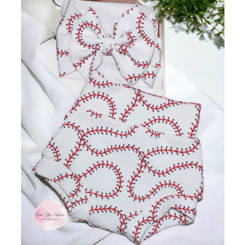 Baseball Stiches Baby Girl Bummies/Baseball Baby/ Softball Bummie and Bow Set/Baby Shower Gift/Baseball Team/Photo Prop/Baseball Birthday