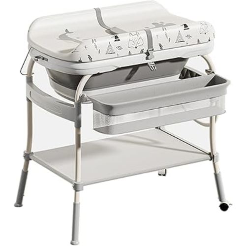 PandaEar 2-in-1 Baby Bathtub & Changing Table, Adjustable Height Folding Diaper Station Waterproof Pad with Storage Rack & Wheels, Baby Bath Tub with Thermometer