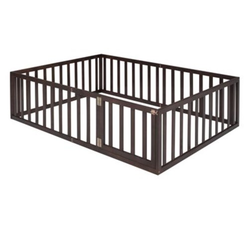 Baby Playpen Play Fence with Locking Door, Solid Wood Toddlers Gate Play Pen with Thickened Guardrail, Multifunctional Indoor Activity Center Playard, 77.2"L x56.1"W x21.7"H, Walnut
