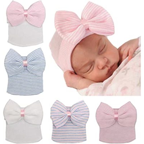 5 Pieces Newborn Baby Hat Cap with Big Bow Decoration Nursery Beanie
