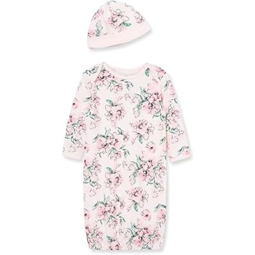 Little Me Clothes for Baby Girls' 2-Piece Nightgown and Cap Set 100% Cotton with Elastic Bottom, Baby Essentials, 0-3 Months