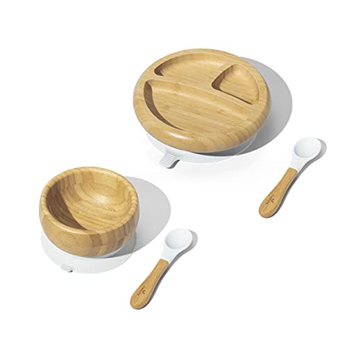 Avanchy Baby Toddler Feeding Suction Plate + Soft Tip Spoon Babies Set | Divided Bamboo Stay Put Plates | BPA Free | Fits Most Highchairs | 7” × 2” - White