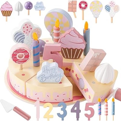 Wooden Birthday Party Cake Toys,Wooden Play Food Set Toys for Kid