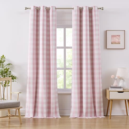 Amzdecor Buffalo Check Plaid Full Blackout Curtains 95 Inches Long for Bedroom Girls Room Thermal Insulated Total Room Darkening Grommet Drapes,Farmhouse Window Treatment,2 Panels,40"x95",Pink&White