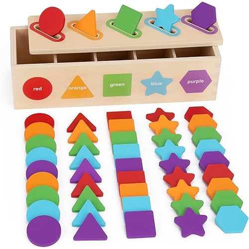 KMTJT Montessori Toys for 1 2 3 Year Old | Wooden Color & Shape Sorting Matching Toys | Learning Educational Toys for 1-3 Year Old Kids | One 1st 2st Birthday Gift for Boy Girl