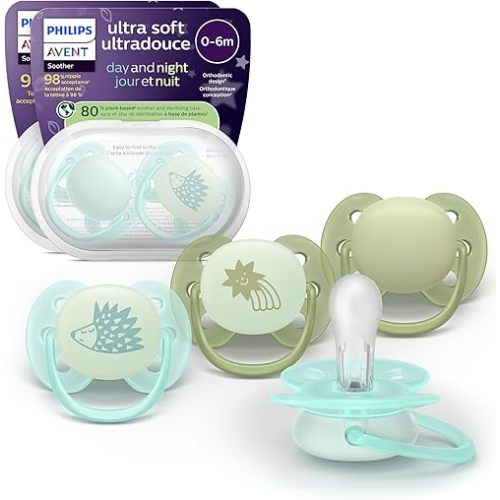 Philips Avent Ultra Soft Day & Night Pacifiers - Orthodontic Design, for Babies 0-6 Months, Glow in the Dark, Symmetrical Silicone Nipple, BPA-free, 2 Sterilizing Cases, 4 Pack, SCF094/09