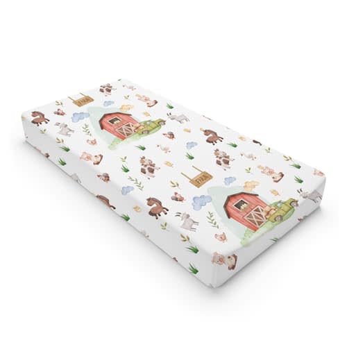 Baby Farm Life Changing Pad Cover for Boy Girl 32''x16'' Farm Animals Pig Goat Horse Cow Chick Rooster Duck Leaves Barn Truck Fitted Changing Pad Sheets Soft Breathable Diaper Change Table Mats