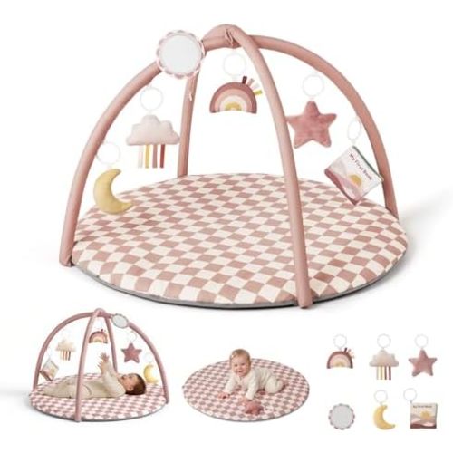 Blissful Diary Baby Play Gym Mat, Play Mat Activity Mat with 6 Detachable Toys for Stage-Based Sensory & Motor Skill Development, Easy to Install & Clean, Baby Essentials Gift, Blush Checkered