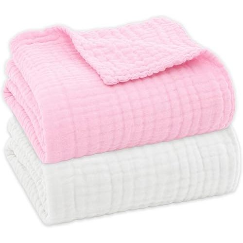 Muslin Baby Blanket Set of 2, 6-Layers 43 x 43 Inches Baby Bath Towel Swaddle Wrap Blankets for Newborn Girls(White & Pink)