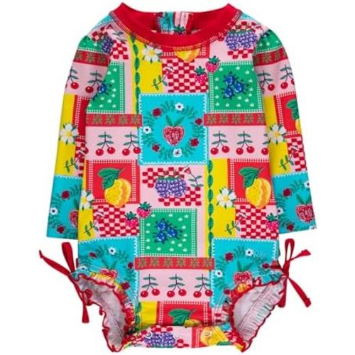 RuffleButts Baby Girls UPF 50+ Sun Protection Floral Printed Long Sleeve One Piece Rash Guard Swimsuit with Zipper