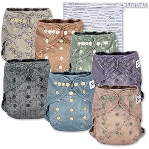 Nora's Nursery Cloth Diaper Cover, Reusable Cover with Snap Closure for Flat or Fitted Inserts - 7-Pack with Wet Bag - Modern Bloom