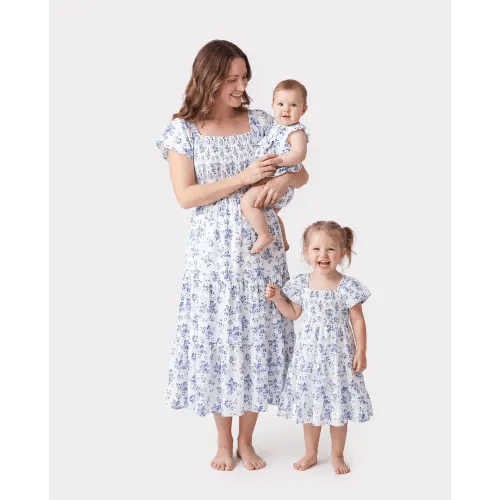 Mommy & me Outfit: Floral Smocking Casual Suit BLUEWHITE