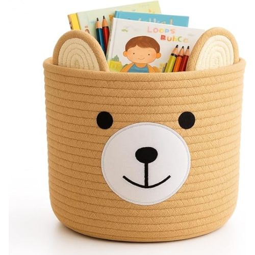 Bear Basket for Nursery, Baby Shower Basket, Baby Baskets for Storage, Laundry Hamper, Storage Baskets for Children Kids Toy Plant Gift Indoor Corner 10" D x 8" H (Light Khaki)