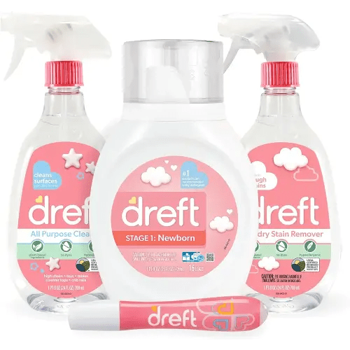Baby Gifts Set by Dreft, Baby and Mom Gift Set with Liquid Laundry Detergent, Laundry Stain Remover, Stain Remover Pen & All Purpose Cleaner Spray, Great for Baby Showers