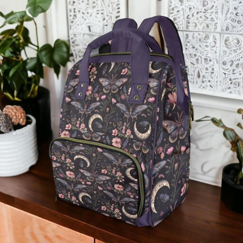 Night Garden Butterflies Moons Diaper Backpack, Witchy Mama Baby Backpack, Celestial Cottagecore Fairy Mama Baby Shower or Postpartum Gift