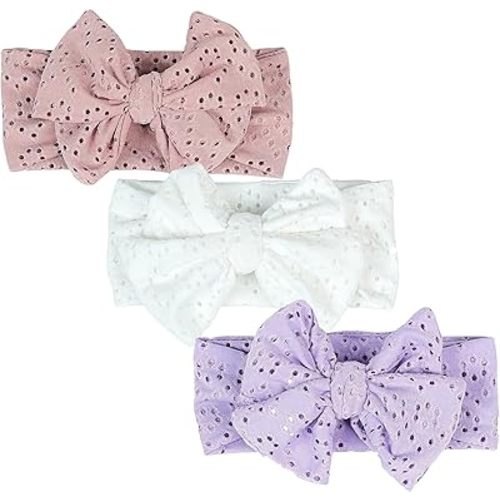 3 Pack 5.3''Baby Girl Floral Embroidery Eyelet Bow Headbands Newborn Hairband Baby Turban Knotted Headwrap for Toddler Hair Accessories.(FD90) (ZH A)