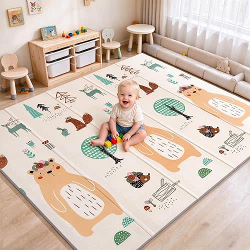 UANLAUO Foldable Baby Play Mat for Floor, 79x71 Extra Large Baby Floor Mat for Crawling, Reversible Waterproof & Non-Toxic Baby Foam Playmat, Baby Play Mat for Babies, Infants & Toddlers 6-12 Months