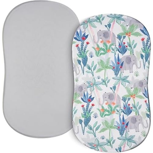 TILLYOU Baby Bassinet Sheets for Girls Boys 2 Pack Baby Sheets for Square Rectangle Oval Bassinet Mattress 33X16 Inch, Rainforest Elephant & Grey