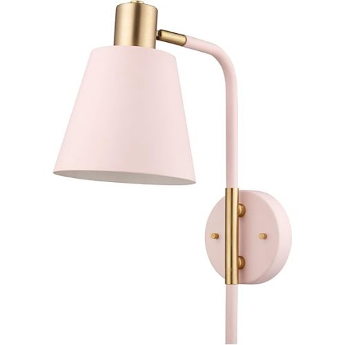 Globe Electric Cleo 1-Light Plug-in or Hardwire Wall Sconce, Blush Pink, Matte Brass Accents, Black Cloth Cord, Bulb Not Included