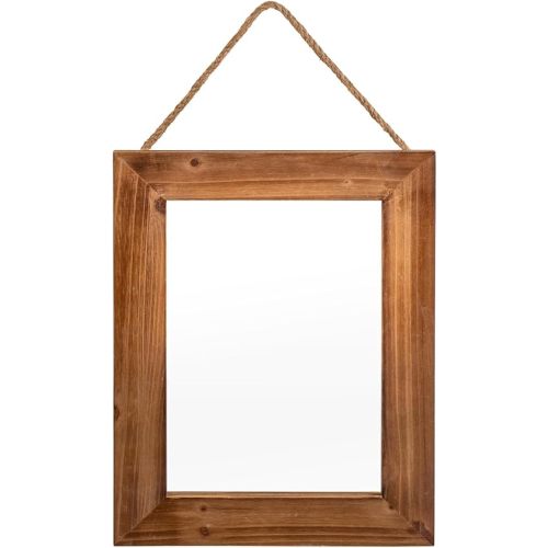 OKSQW Farmhouse Wall Mirror Brown Rectangle Rustic Wood Mirror 16 X 12 Inch Decorative Wood Frame with Mirror and Hanging Hemp Rope, Hanging Mirror for Bathroom Bedroom, Entryway, Dresser Wall Mirror