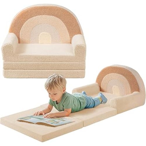 little dove 2-in-1 Kids Couch, Extra Wide Soft Toddler Couch Fold Out, Convertible Kids Sofa to Lounger, Comfy Toddler Chair, Kid Furniture for Playroom, Ideal Gifts for Boys & Girls, Beige