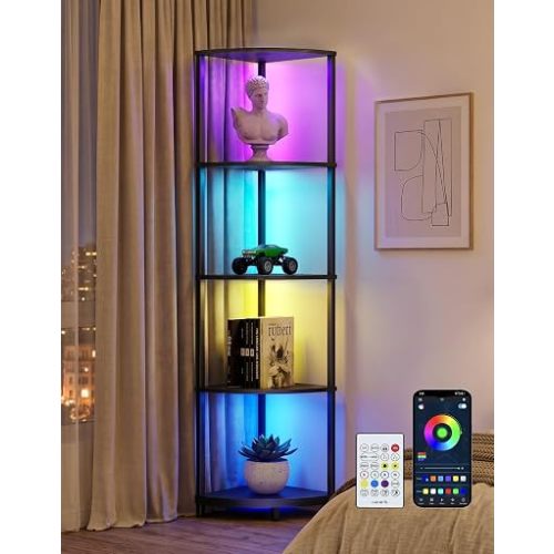 Corner Shelf with LED Light, 5 Tier Smart Color Changing Floor Lamp with Remote, 62" Display Shelf Bookshelf Narrow Storage Rack Standing Lamp for Living Room Bedroom Home Office Décor