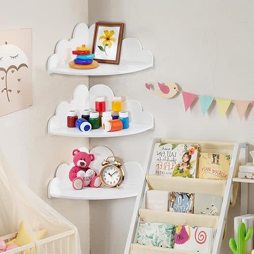Estantes flotantes blancos de nube, estantes de esquina pequeños para decoración de pared de habitación de bebé, juego de 3 estantes colgantes para pared de dormitorio de niños y sala de