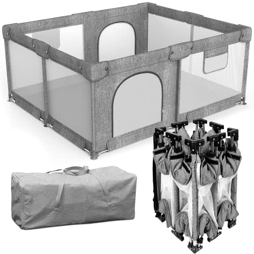 Veraste Foldable Baby Playpen with Gate, Extra Large Collapsible Play Yard for Babies & Toddlers, Portable Travel Playpen, Baby Activity Center for Indoor & Outdoor Use (Grey 59"×71")