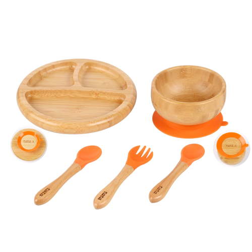 TATA AMG ® Baby Bamboo Plate and Bowl Set with Spoons and Fork, Silicone Suction Plate and Bowl Set for Toddlers - Baby Led Weaning Bamboo Feeding Set - BPA Free