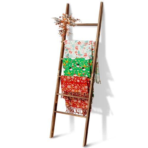 6-Tier Blanket Ladder Wooden, 5.7FT(66.5'') Blanket Quilt Towel Holder Rack Decorative Ladder, Easy Assembly, Rustic Farmhouse Ladder Shelf for The Living Room Bedroom Bathroom Home Decor, Brown