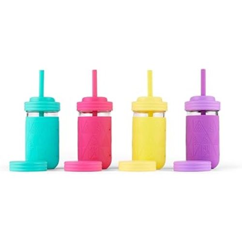 Elk and Friends Kids + Toddler Glass Cups | The Original 12oz Glass Mason Jar with Sleeves + Lids | Silicone Straws + Stopper | Smoothie Cup | Food Storage | Spill Resistant | Dishwasher Safe | 4 Pack