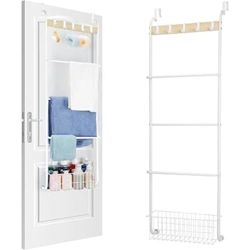 Over The Door Towel Rack, 5-Tier Towel Racks for Bathroom Door Hanging, White Over Door Towel Bar Rack, Door Blanket Holder for Clothes, Washcloths,Hand Towels, Over The Door Bathroom Organizer