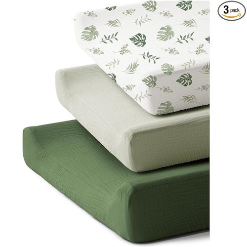 3 Pack Muslin Changing Pad Covers for Girl, Boy, 100% Soft Cotton Changing Table Cover, Breathable Baby Nursery Diaper Chang Pad Sheets (Leaf)