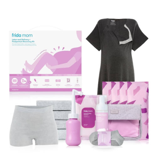 Frida Mom 15pc Labor & Postpartum Kit Gift Set for Baby Showers & Mom to Be, Includes Peri Bottle, Nursing Gown, Disposable Underwear, Ice Maxi Pads, Pad Liners, Perineal Foam, Socks & Toiletry Bag