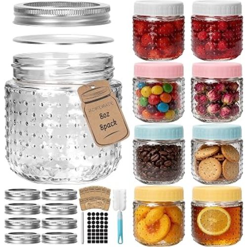 CycleMore 8oz - 8 Pack Mason Jars, Hobnail Design Canning Jars with Silver Metal & Colorful Plastic Lids, Glass Storage Jars for for Storing, Jam, Pickling, Crafts, Home Decor & DIY Gifts