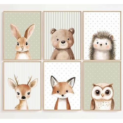 Woodland Animal Nursery Wall Art Decor Baby Kids Canvas Poster Safari Animal Wall Decor Jungle Forest Prints Bear Fox Deer Pictures Sage Green Painting Neutral Artwork for Bedroom 8x10x6 Inch Unframed