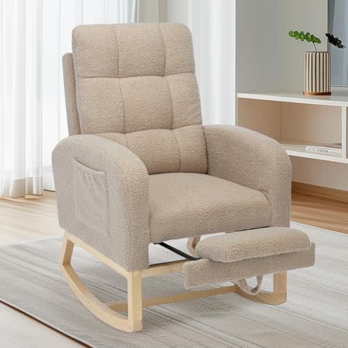 Allnifurv Nursery Rocking Chair, Polyester Upholstered Glider Chair with Footrest, Comfy Rocker Chair, Accent Chair with High Backrest, Glider Rocker, Armchair for Living Room (Brown Teddy)