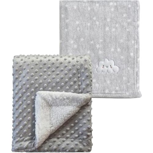 CREVENT 2Pcs 30''X40'' Cute Cozy Fluffy Warm Baby Blankets for Infants Toddlers' Bedding Crib Cot Stroller - Grey Cloud + Grey Sherpa