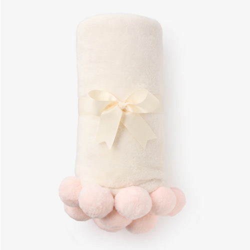 Pale Pink Pom Trim Fleece Baby Stroller Blanket