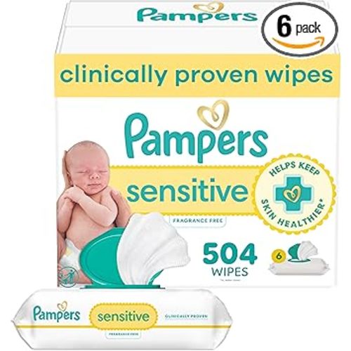 Pampers Baby Wipes Sensitive, Water Based Hypoallergenic and Unscented 504 Total (6 Flip-Top Packs)