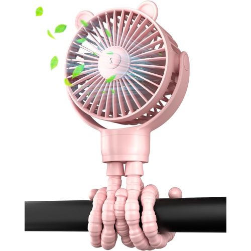 buywoo Portable Stroller Mini Fan, Small Rechargeable Personal Cooler w/ 360° Rotation, Baby Essentials for Car Seat, Crib, Bike, Treadmill, 3-Speed Battery Powered Stroller Accessories, Pink