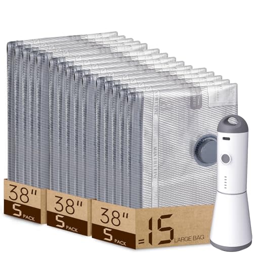 Vacuum Bags for Travel with Rechargeable air Pump, Carry-on Size Compression Packing Bags for Luggage and Suitcase, Space Saver for Clothes and Clothing 15 Large Size