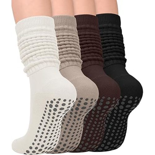 yeuG 4 Pairs Grip Pilates Socks for Women Yoga Slouch Socks with Grips for Barre Grippy Socks Long Scrunch Slipper Socks