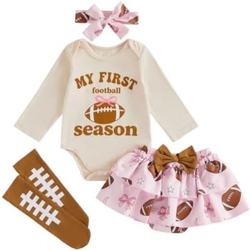 BULINGNA Baby Girl Football Outfit Fall Long Sleeve Romper Ruffle Skirt Set