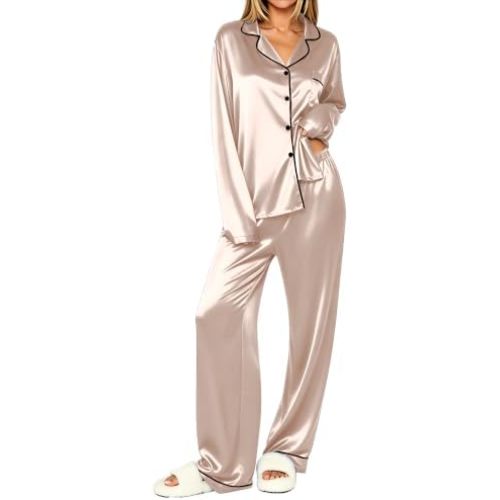 Ekouaer Womens Pajamas Silk Satin Long Sleeve Button Down Pjs Lounge Set