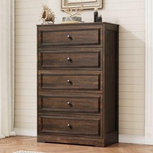 Farmhouse 5 Drawer Dresser, Tall Chest of Drawers with Wood Grain Finish & Classic Panel Design, for Bedroom Living Room Office Dark Brown