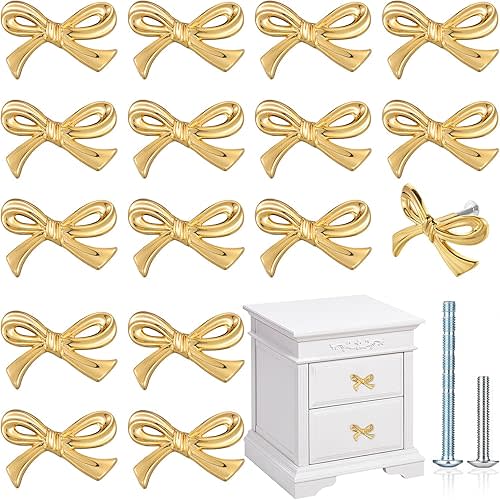 MorningRo 16 Pcs Gold Bow Drawer Knobs Brass Bow Knobs for Dresser Decorative Brass Drawer Pulls Vintage Cabinet Handles for Home Bedroom Kitchen Cabinets Hardware Cupboard (Small Size)
