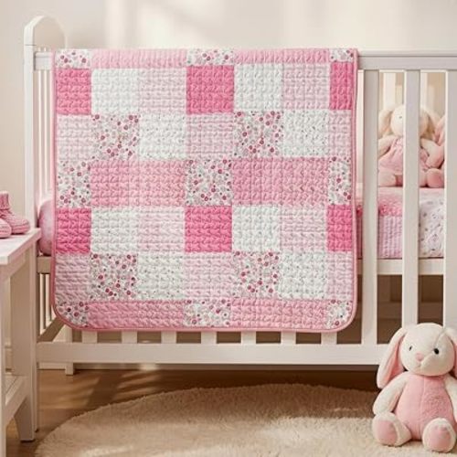 Chumia 30"x40" Pink Floral Boho Baby Quilt Flower Quilted Blanket