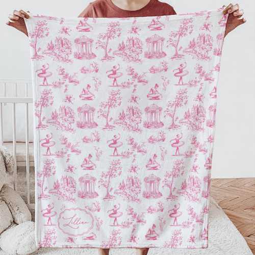 Personalized Ballerina Blanket: Pink Toile de Jouy Sherpa Throw