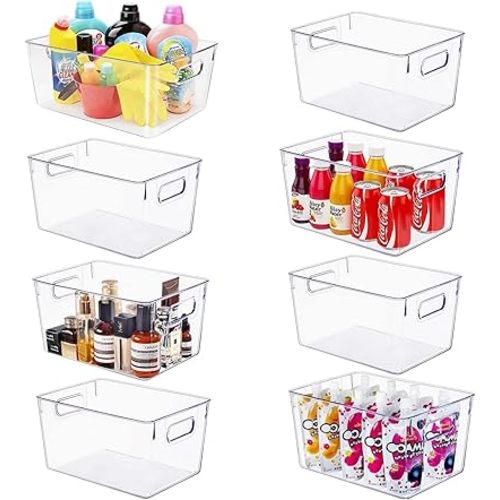 Set of 8 Large Clear Plastic Storage Bins (8L), Storage Containers for Pantry Organization and Kitchen Storage Bins,Home Edit and Cabinet Organizers